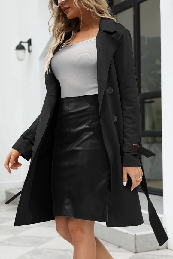 Women's Faux Suede Leather Long Belted Trench Coat Lightweight Windbreaker for Spring Fall Winter