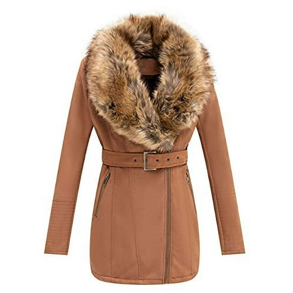 Giolshon Women's Faux Suede Leather Long Jacket Wonderfully Parka Coat with Faux Fur Collar