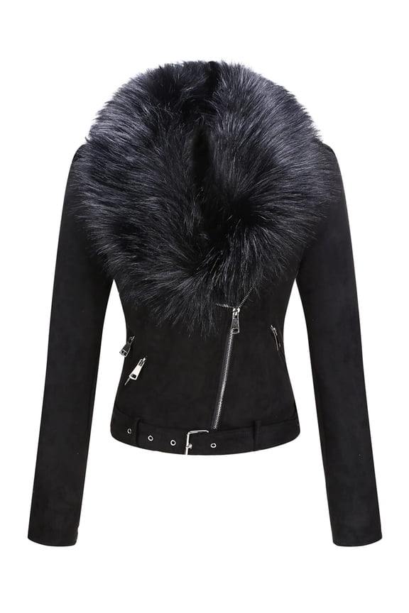 Women's Faux Suede Leather Short Jacket Motocycle Sherpa-Lined Coat with Detachable Fur Collar
