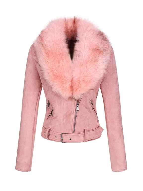 Women's Faux Suede Leather Short Jacket Motocycle Sherpa-Lined Coat with Detachable Faux Fur Collar