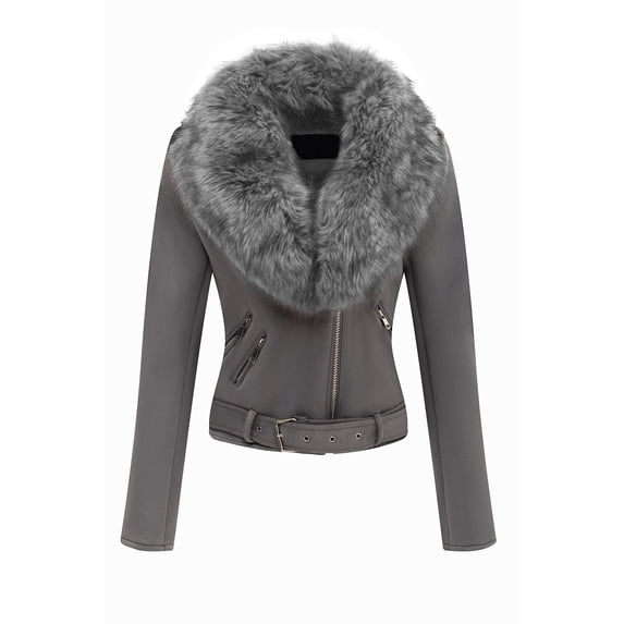 Giolshon Women's Faux Suede Leather Short Jacket Motocycle Sherpa-Lined Coat with Detachable Faux Fur Collar