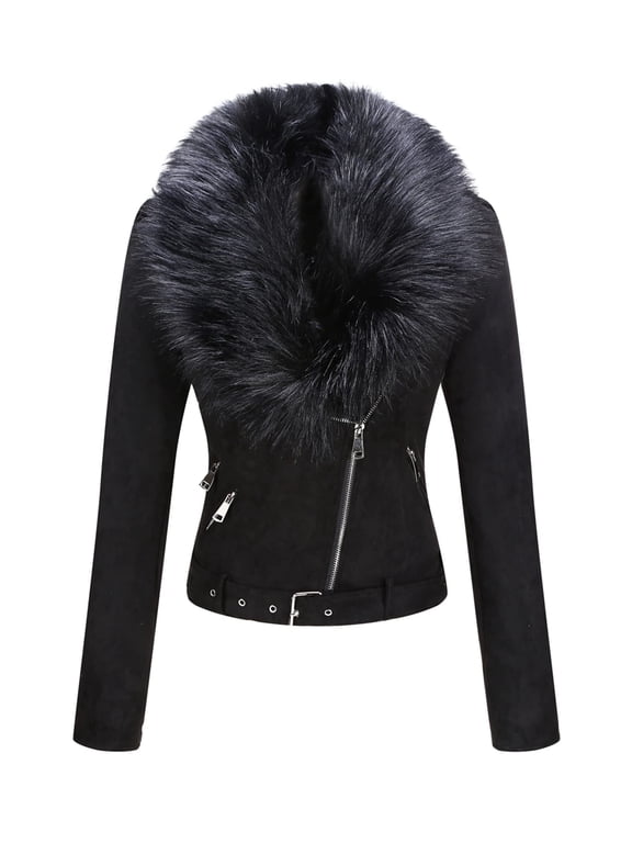Women's Faux Suede Leather Short Jacket Motocycle Sherpa-Lined Coat with Detachable Faux Fur Collar