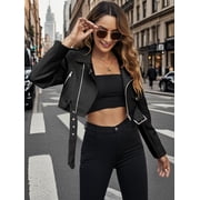 Giolshon Womens Leather Jacket Faux Motorcycle Biker Short Coat Belt Crop 2236 Black M