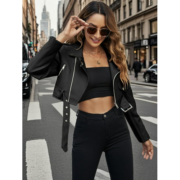 Giolshon Women's Leather Jacket Faux Motorcycle Biker Short Coat Belt Crop 2236 Black XL