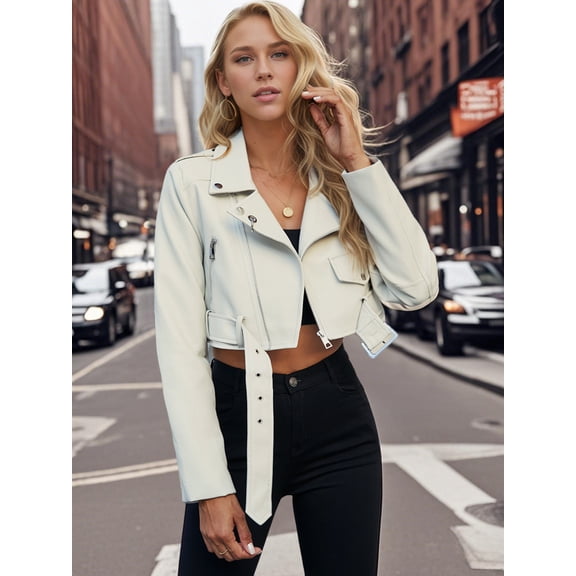 Giolshon Women's Leather Jacket Faux Motorcycle Biker Short Coat Belt Crop 2236 White M