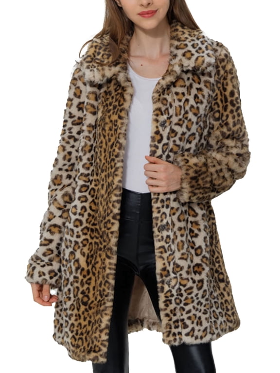 Women's Leopard Print Faux Fur Parka Long Sleeve Warm Fluffy Winter Overcoat Outerwear