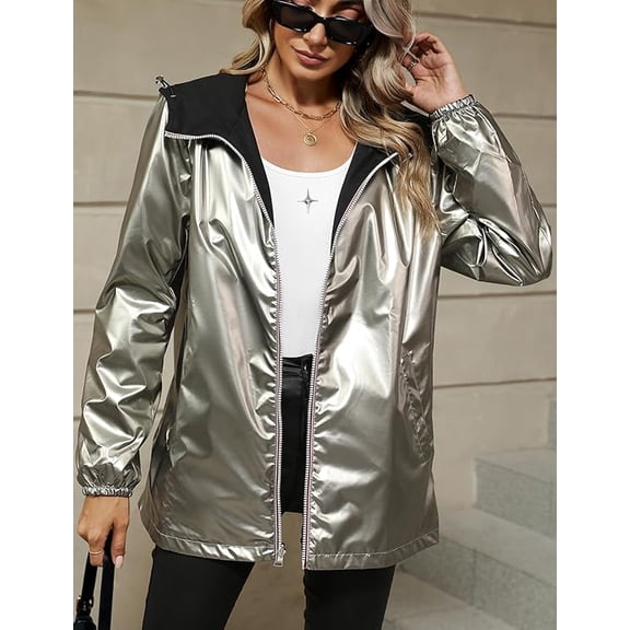 Giolshon Women's Lightweight Coat Windbreaker Zip Up Long Sleeve Jacket Outdoor Raincoat with Hood K501 Silver S