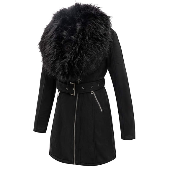 Giolshon Women's Pea Coat Faux Suede Leather Long Jacket Wonderfully Parka Outwear with Detachable Fur Collar