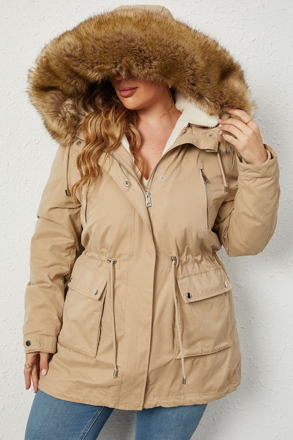 Women's Plus Size 3 in 1 Parka Coat Zip Detachable Warm Fleece Lined Outwear with Waist Drawstring