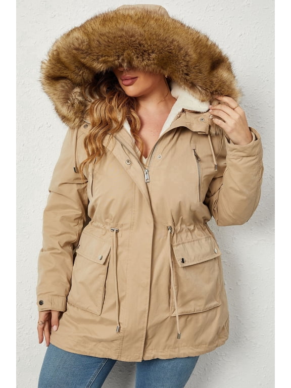 Women's Plus Size 3 in 1 Parka Coat Zip Detachable Warm Fleece Lined Outwear with Waist Drawstring