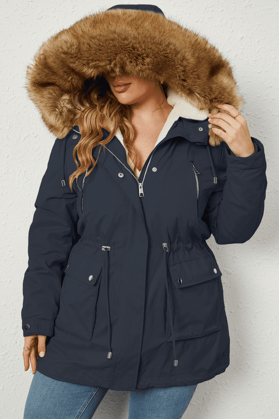 Women's Plus Size 3 in 1 Parka Coat Zip Detachable Warm Fleece Lined Outwear with Waist Drawstring