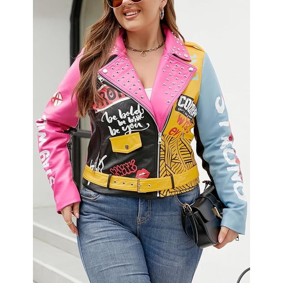 Giolshon Women's Plus Size Faux Leather Jacket Graffiti Studded Rivet Punk Floral Moto Biker Coat 0375Plus Pink 1X