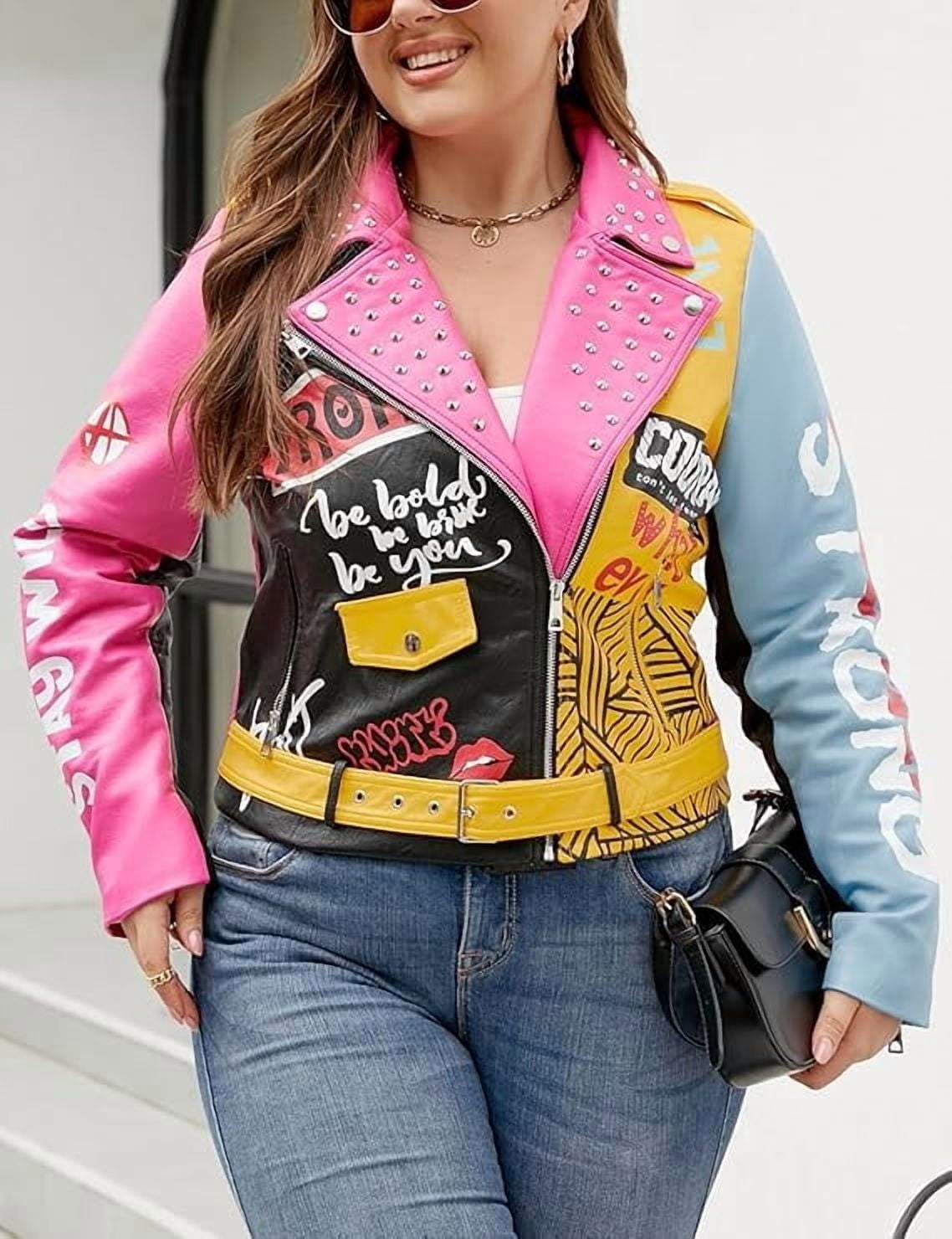 Giolshon Women's Plus Size Faux Leather Jacket Graffiti Studded Rivet Punk Floral Moto Biker Coat