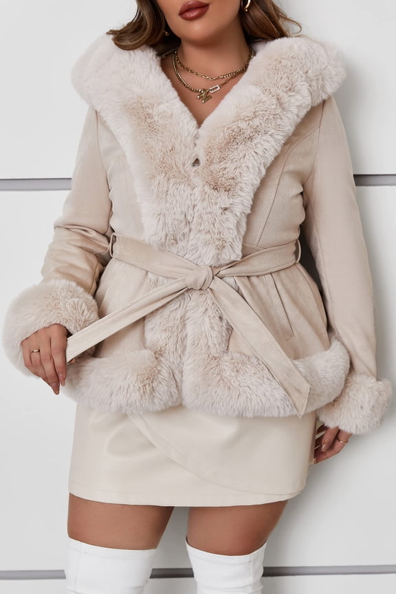 Women's Plus Size Faux Suede Leather Coat Thickened Belted with Fur Collar Fall Winter Casual Outerwear