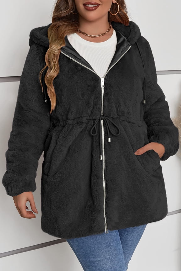 Women's Plus Size Long Faux Fur Coat Warm Thickened Zip-Up Hooded Shaggy Fluffy Winter Casual Outerwear