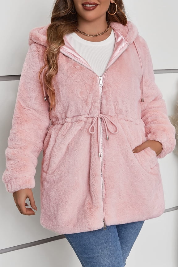 Women's Plus Size Long Faux Fur Coat Warm Thickened Zip-Up Hooded Shaggy Fluffy Winter Casual Outerwear