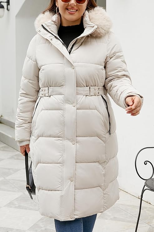 Women's Plus Size Long Puffer Coat Bubble Padded Insulated Winter Jacket with Detachable Fur Collar K382Plus Apricot 2X