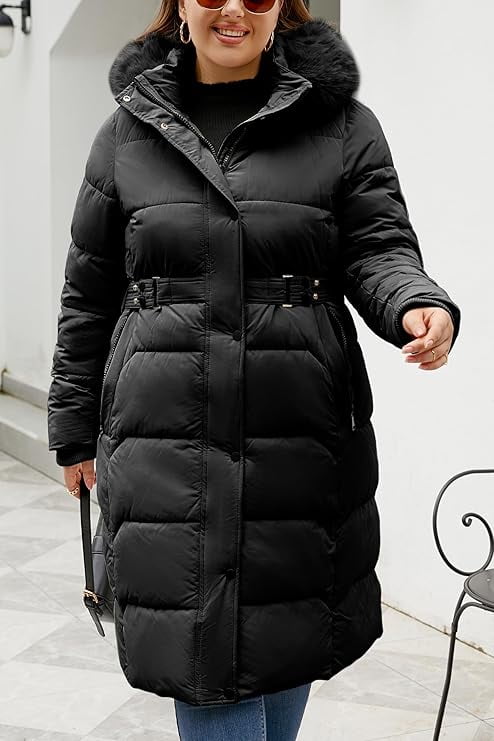 Women's Plus Size Long Puffer Coat Bubble Padded Insulated Winter Jacket with Detachable Fur Collar K382Plus Black 3X