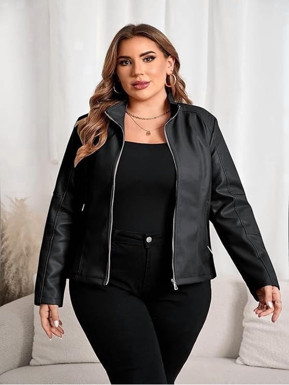 Women's Plus Size PU Jacket Spring Fall Overcoat Casual Short Motorcycle Coat