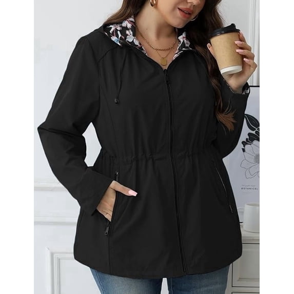 Giolshon Women's Plus Size Reversible Floral Print Hooded Casual Lightweight Windbreaker Outerwear