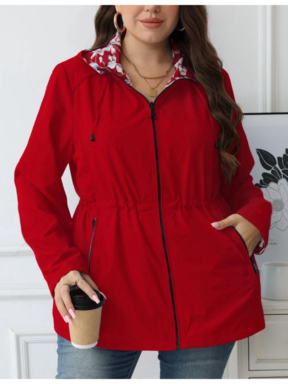 Women's Plus Size Reversible Floral Print Hooded Casual Lightweight Windbreaker Outerwear