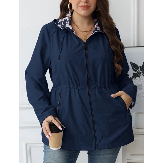Giolshon Women's Plus Size Reversible Floral Print Hooded Casual Lightweight Windbreaker Outerwear