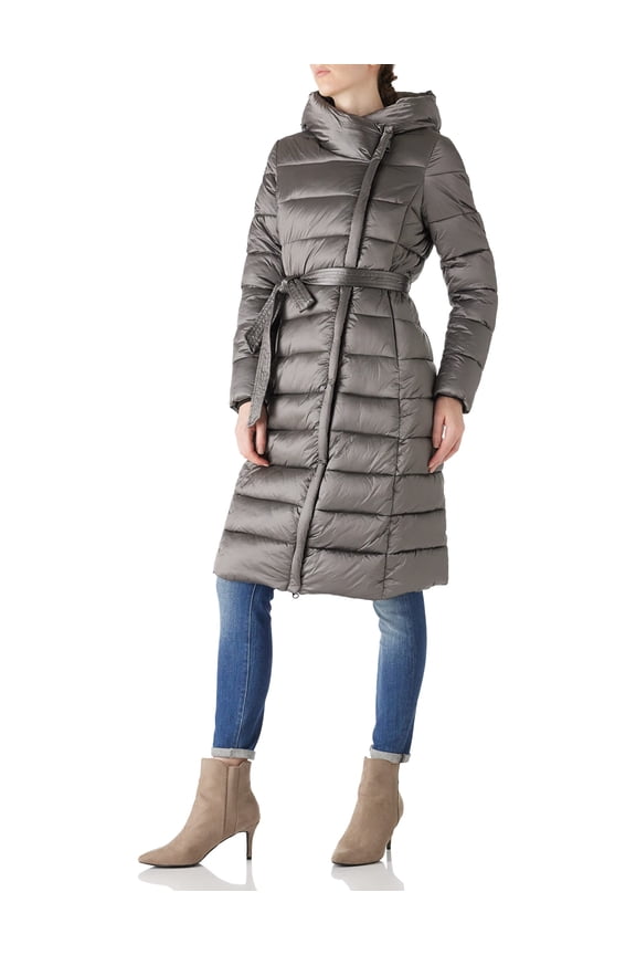Women's Puffer Jacket Lightweight Quilted Hooded Long Down Alternative Coat with Belt