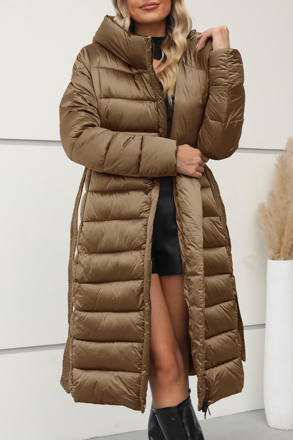 Women's Puffer Jacket Lightweight Quilted Hooded Long Down Alternative Coat with Belt