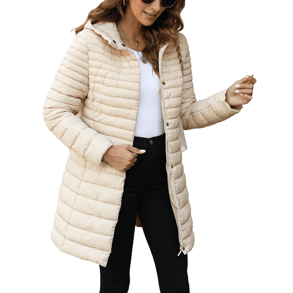 Giolshon Women's Puffer Jacket Quilted Lightweight Padding Hood Packable Bubble Coat 7148A Beigegrey M