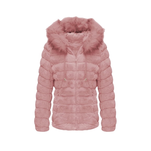 Giolshon Women's Reversible Double Sided Faux Fur Puffer Coat with Fur Collar Hooded Fashion Fall Winter Outerwear