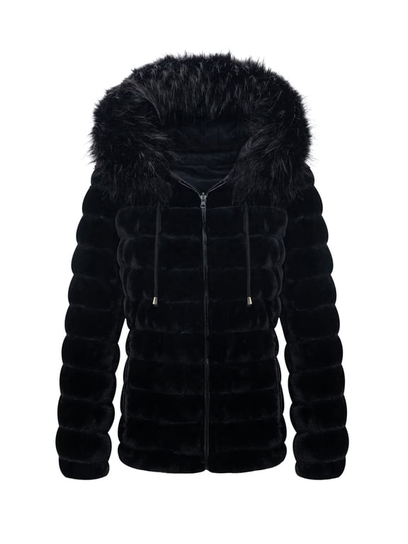 Women's Reversible Double Sided Faux Fur Puffer Coat with Faux Fur Collar Hooded Fashion Fall Winter Outerwear