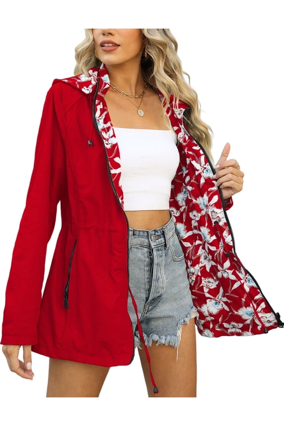 Women's Reversible Waterproof Printed Lightweight Casual Windbreaker Raincoat Outdoor Outerwear