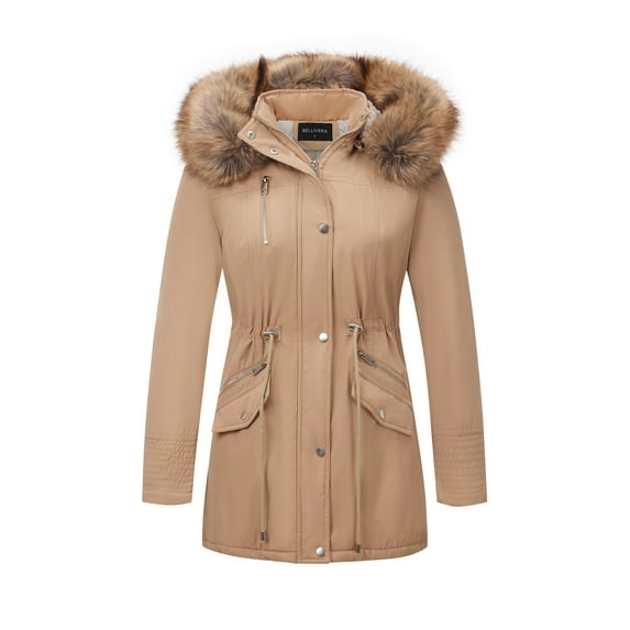 Giolshon Women's Twill Parka Jacket Warm Winter Coat with Faux Fur Collar Fall and Winter