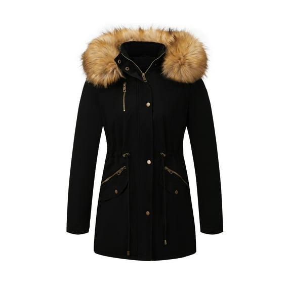 Giolshon Women's Twill Parka Jacket Warm Winter Coat with Faux Fur Collar