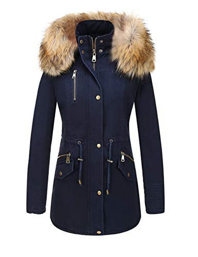 Giolshon Women's Twill Parka Jacket Warm Winter Coat with Faux Fur