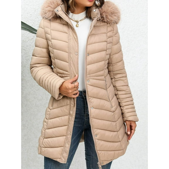 Giolshon Women's Winter Thickened Quilted Puffer Jacket Zipper Pockets Bubble Coat with Removable Hood and Faux Fur Collar G23-18 Apricot M