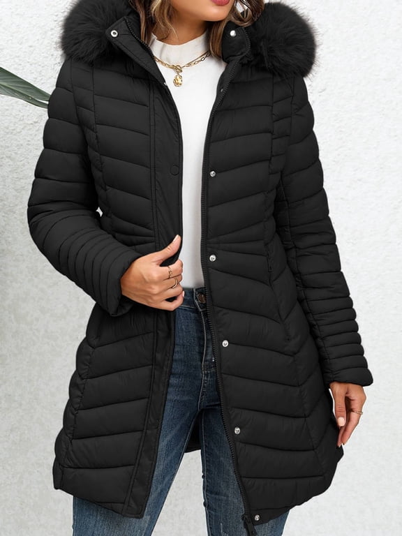 Women's Winter Thickened Quilted Puffer Jacket Zipper Pockets Bubble Coat with Removable Hood and Faux Fur Collar