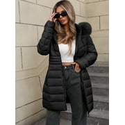 GIOLSHON Women's Winter Thickened Quilted Puffer Jacket Zipper Pockets Bubble Coat with Removable Hood and Faux Fur Collar G23-23 Black XXL