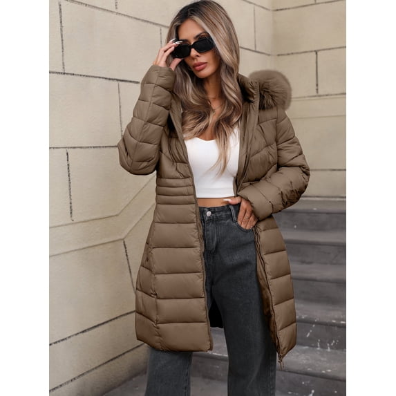 Giolshon Women's Winter Thickened Quilted Puffer Jacket Zipper Pockets Bubble Coat with Removable Hood and Faux Fur Collar