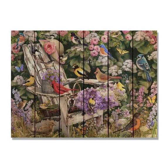 Giordano's Birds On Spring Chair - 33x24 Indoor/Outdoor Cedar Wall Art - Multi-color