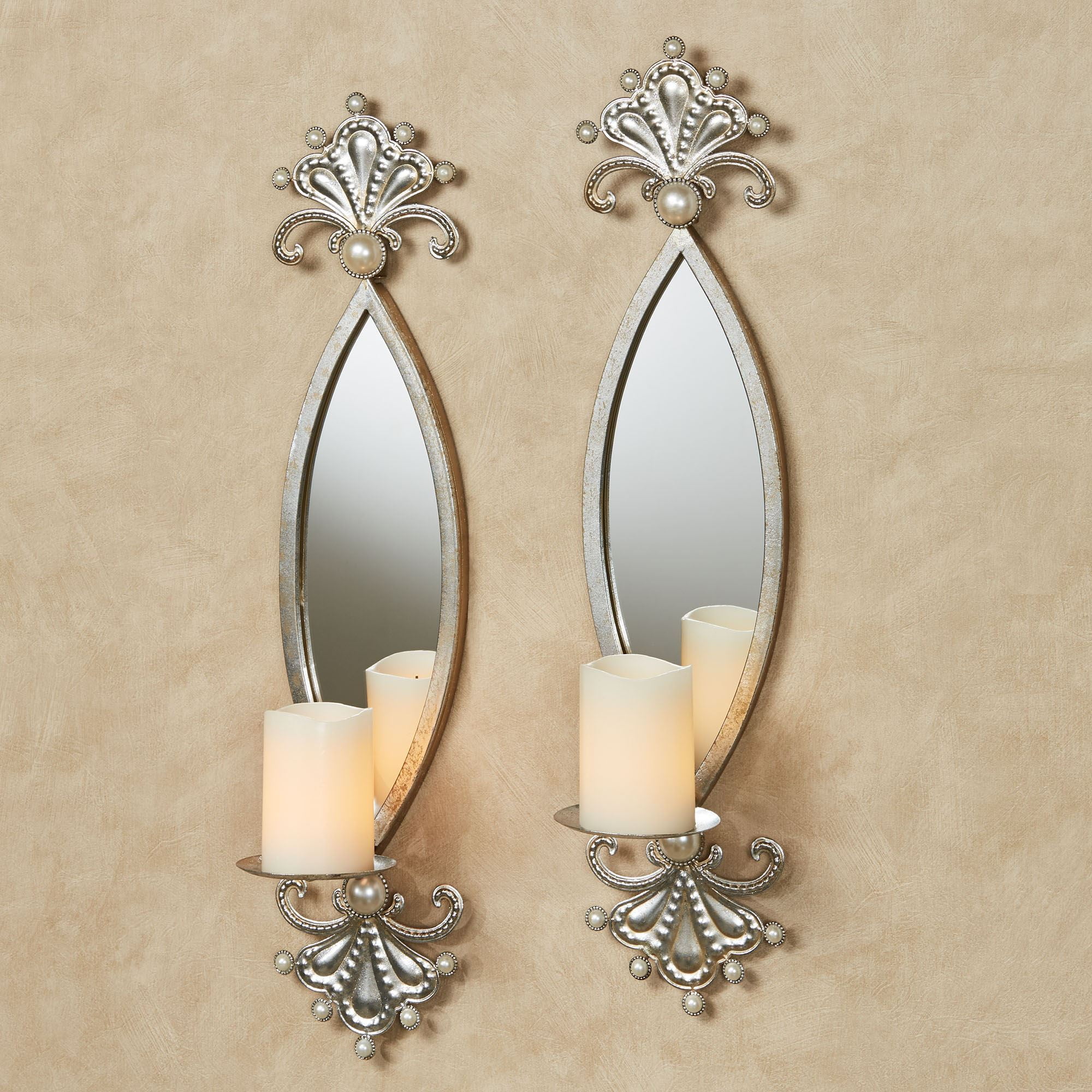 Giorgianna Silver Champagne Pearl Mirrored Candle Wall Sconces Pair