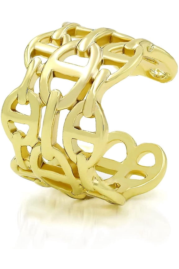 Gold Plated 3 Row Mariner Link Adjustable Ring, Trendy High Polish, Gold