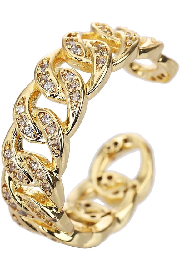 Gold Plated Cuban, Curb Link Adjustable Ring, Trendy Micro Pave CZ Cubic Zirconia