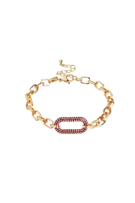Gold Plated Micro Pave Oval Paper Clip, Rolo Link Bracelet, Pink