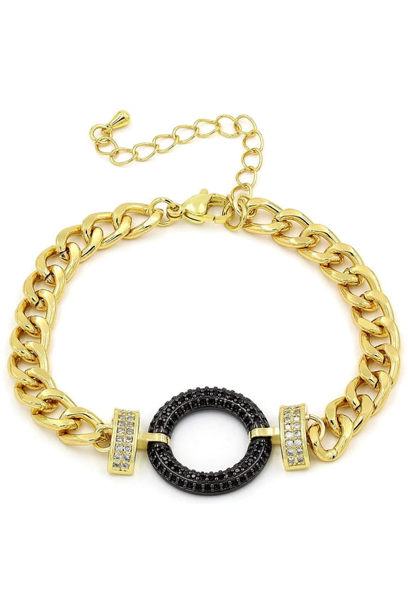 Gold Plated Trendy Cuban, Curb Link Micro Pave Infinity Loop Bracelet, Black