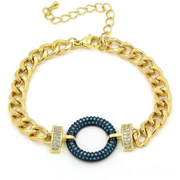 Giorgio Bergamo Gold Plated Trendy Cuban, Curb Link Micro Pave Infinity Loop Bracelet, Turquoise