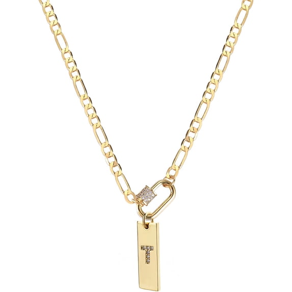 Giorgio Bergamo Gold Plated Trendy Micro Pave Clasp, Initial Bar Pendant on Figaro Chain, A- Z, 26 Letter Alphabet CZ Cubic Zirconia Mens Womens Necklace, T