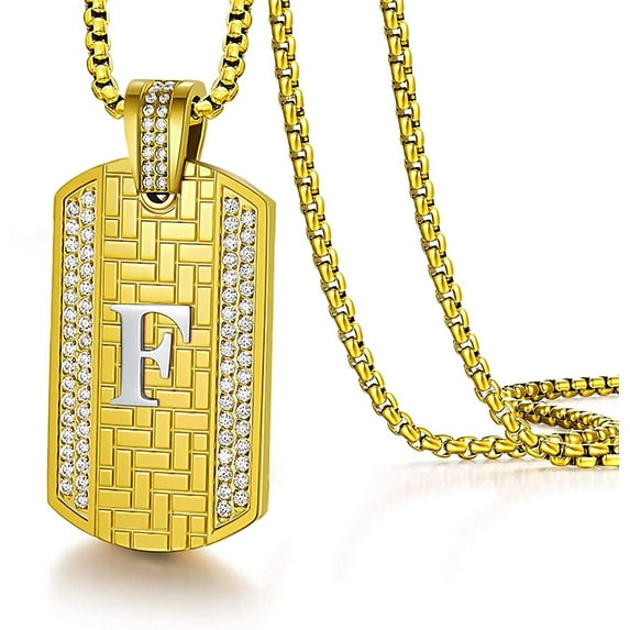 Giorgio Bergamo Stainless Steel Gold Plated Dog Tag Initial Pendant, Micro Pave CZ Cubic Zirconia, Round Box Chain, A- Z 26 Letter Alphabet Unisex Mens Womens Necklace