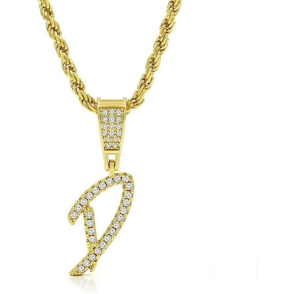 Giorgio Bergamo Stainless Steel Gold Plated Hip Hop Initial Pendant, Micro Pave CZ Cubic Zirconia, Rope Chain, A- Z 26 Letter Alphabet Unisex Mens Womens Necklace, D