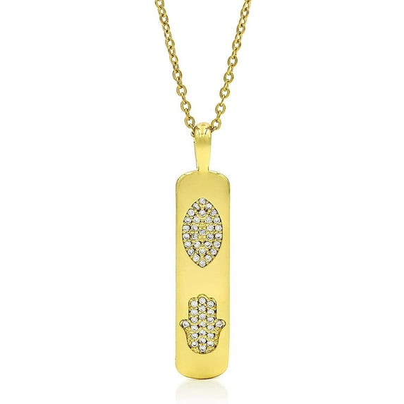 Giorgio Bergamo Stainless Steel Gold Plated Micro Pave Trendy Dog Tag Cubic Zirconia CZ Mens Womens Necklace, Free Micro Fiber Cloth, Evil Eye, Hamsa